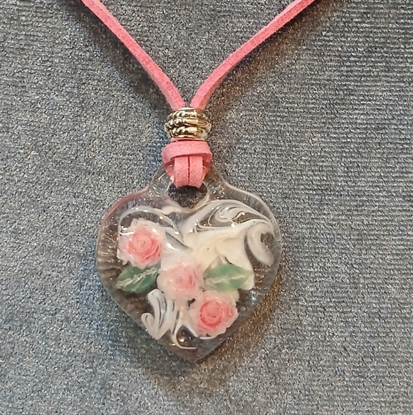 Jewelry - Handmade Pink Suede Necklace with Glass Rose Pendant